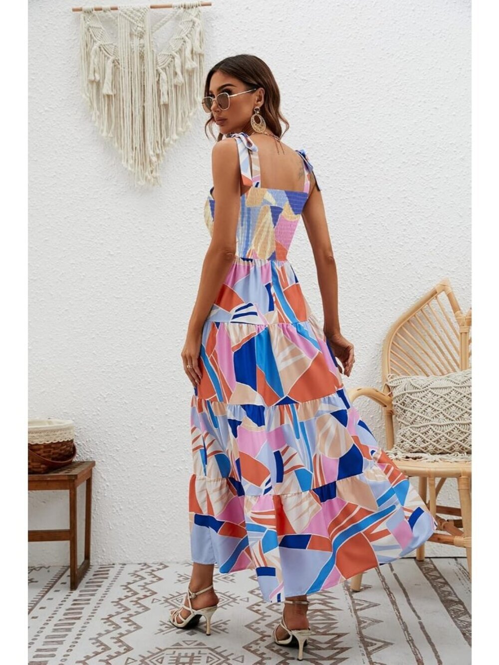 Women's Blue Floral 1 Sleeveless Square Neck Ruffle Flowy Imported Maxi Dress - Picture 5 of 6